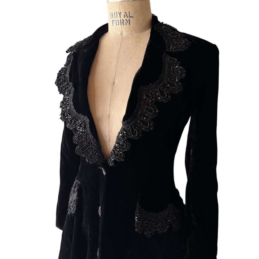 Vintage 1993 Anna Sui Black Velvet Beaded Edwardian Frock Coat - Picture 3 of 14